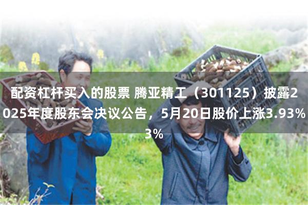 配资杠杆买入的股票 腾亚精工（301125）披露2025年度股东会决议公告，5月20日股价上涨3.93%